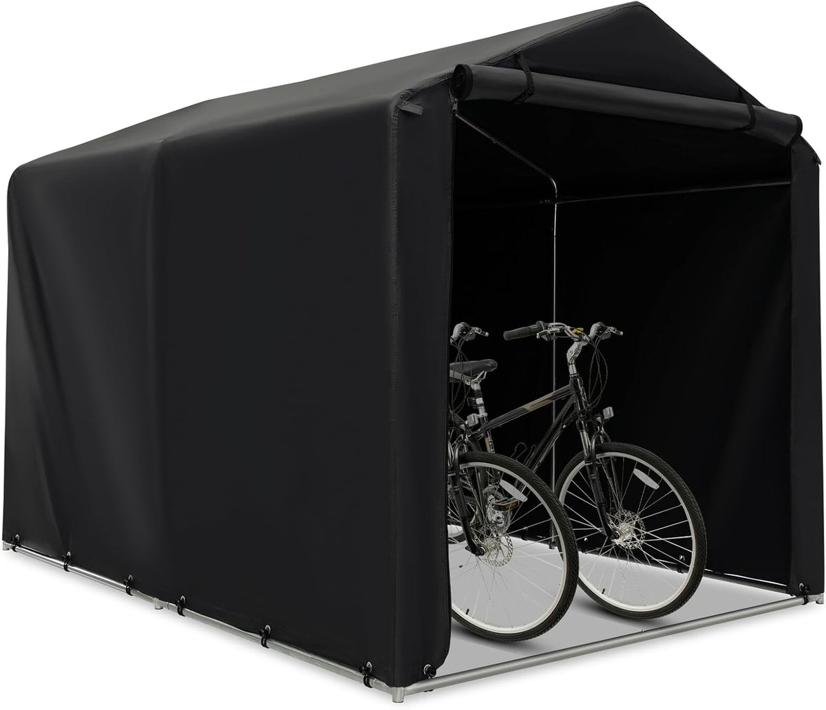 COSTWAY 7x5.2FT Outdoor Storage Shed, Waterproof Garden Bike Tent with Roll-up Zipper Door and Gloves, Galvanized Steel Motorcycle Tool Storage Shelter Carport for Patio Yard Garage (Dark Grey)