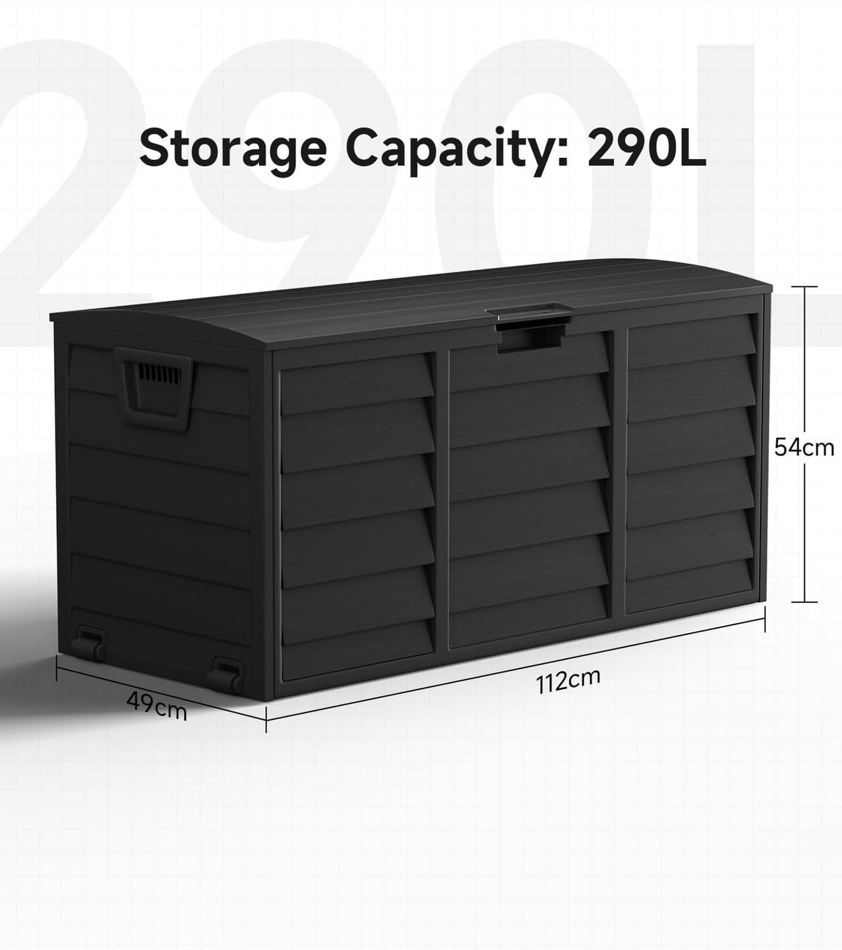 The Fellie Garden Storage Box with Wheels, 290L Lockable Garden Storage Boxes Waterproof, Plastic Outside Storage Box for Gardening Tools, Cushions, Toys, 112x49x54cm, Black
