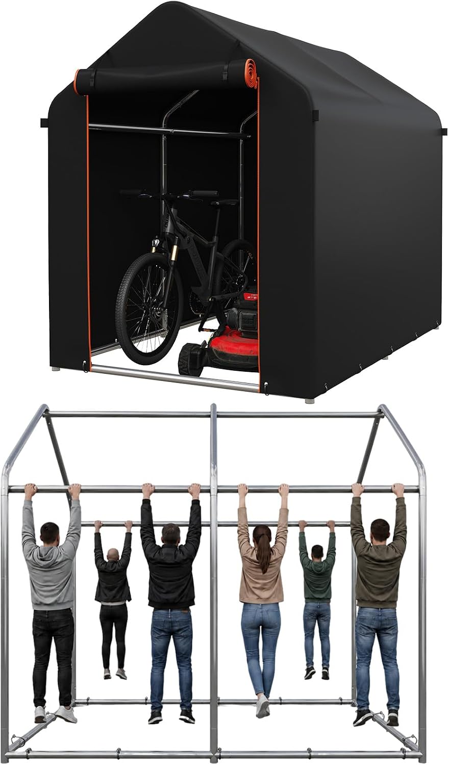 Aoxun 1.8x1.2M Heavy Duty Outdoor Storage Shed, Portable Waterproof Bike Shed Shelter and Garden Storage Tent, Roll-up Door Carport for Motorcycle and Lawn Tools, Black