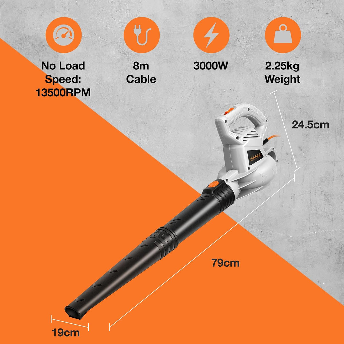 VonHaus Leaf Blower Corded 3000W – 8m Cable, Detachable Chute, 2 Speeds