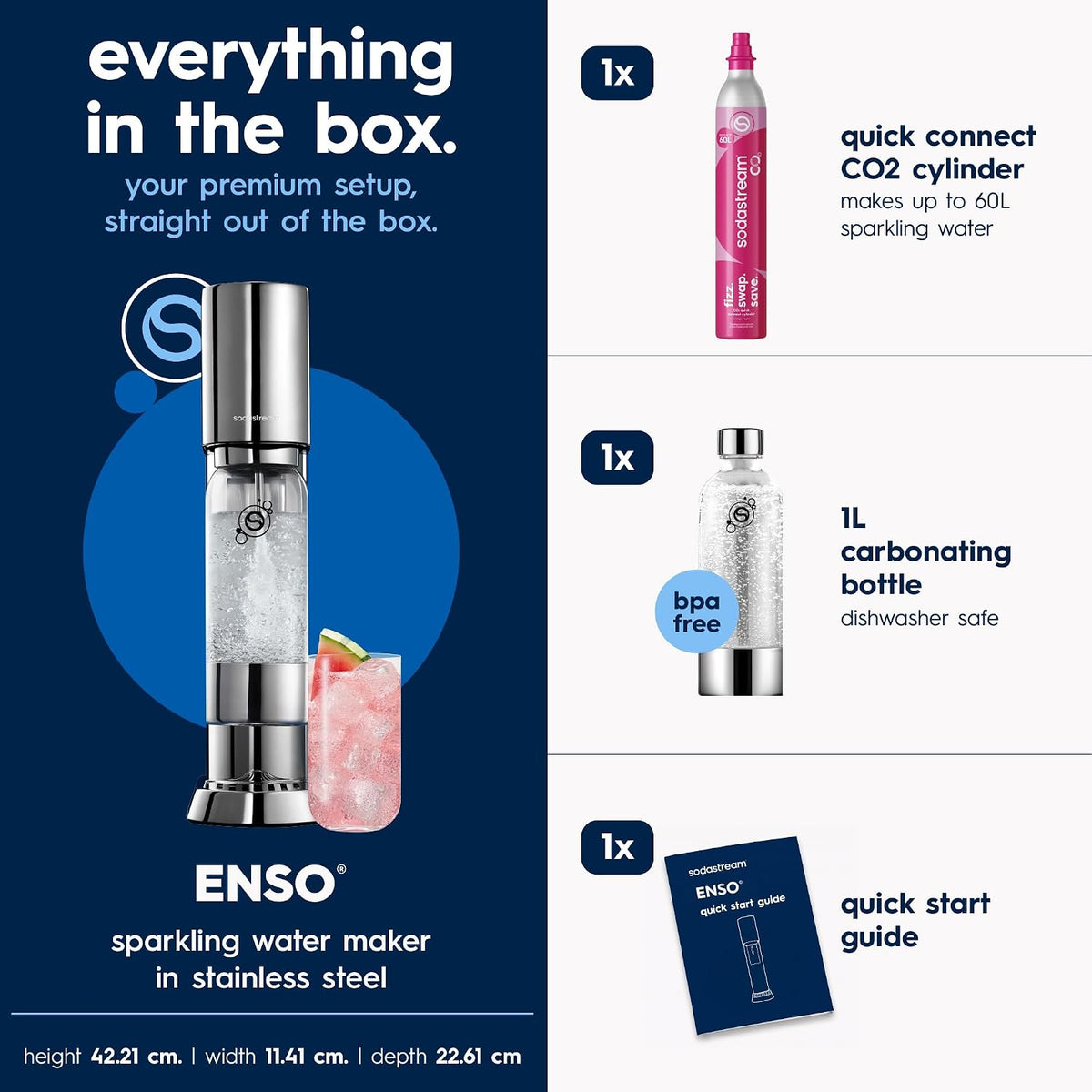 SodaStream ENSO Sparkling Water Maker, Premium Metallic Finish Soda Maker, Quick Connect CO2 System, 1 60L Gas Cylinder and 1 Dishwasher Safe BPA Free Bottle, Fizzy Water at Home, Silver