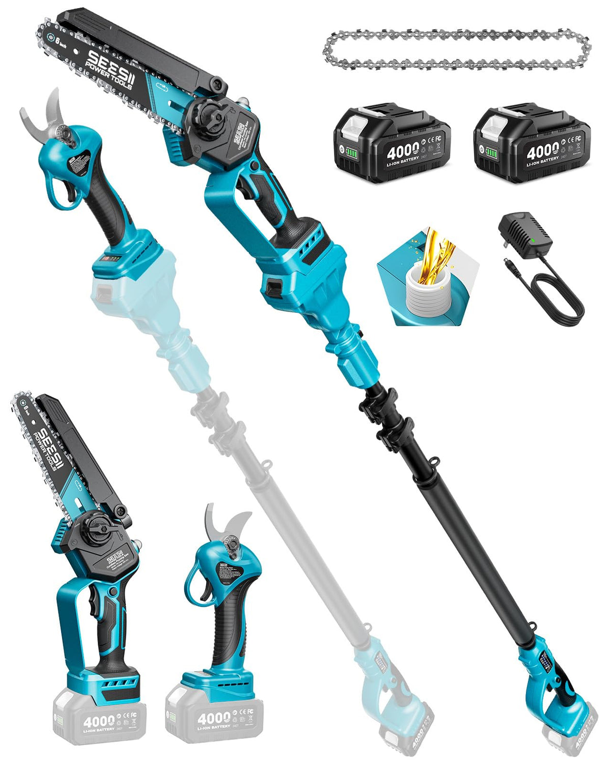 SEESII Mini Chainsaw Cordless 6 Inch with 2×4000mAh Batteries
