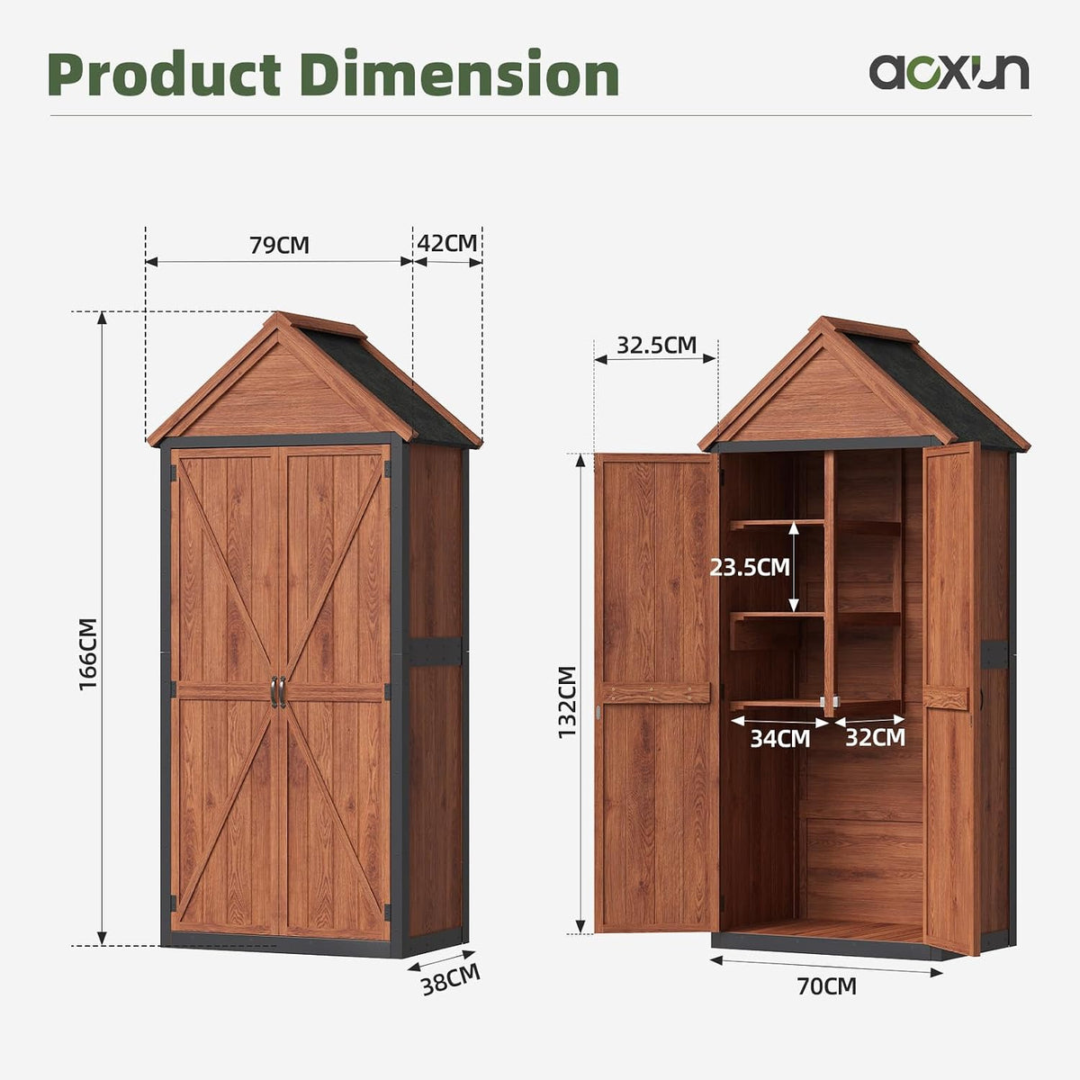 Aoxun Tall Wooden Garden Cabinet 70x38x166cm, 3 Shelves and Asphalt Roof