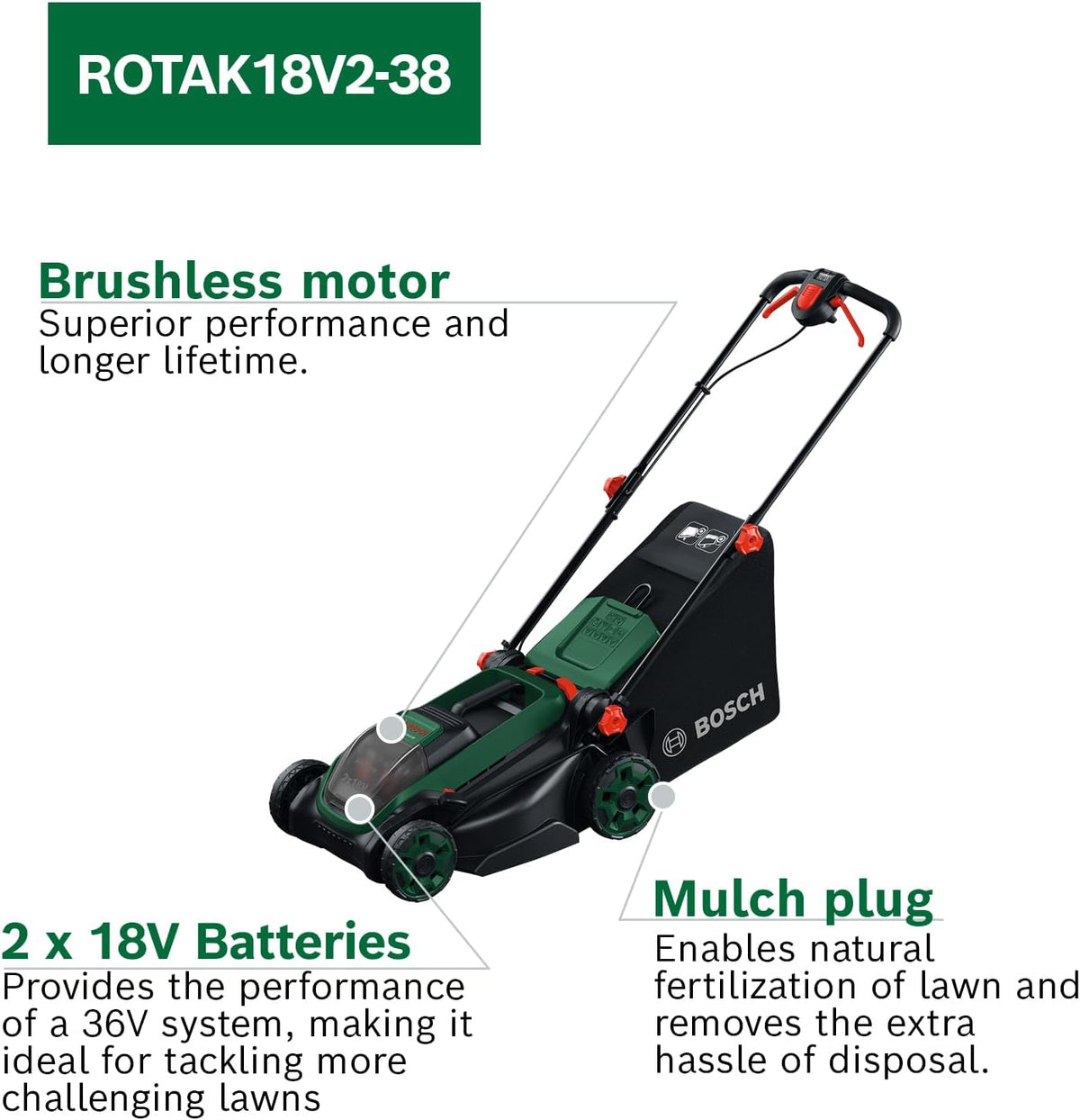 Bosch Cordless Lawn Mower ROTAK18V2-38 (Cutting Width: 38 cm, Height of Cut: 30-75 mm, 40 l Fabric Grass Bag, Mulch Plug, incl 2 x 18V Battery and Charger)
