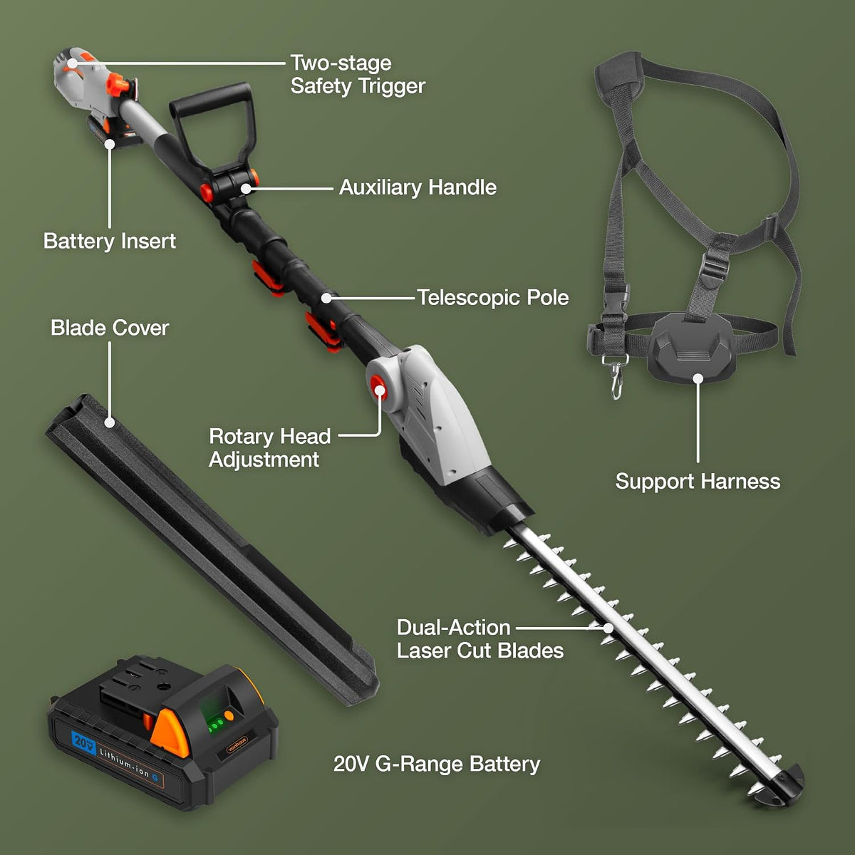 VonHaus Pole Hedge Trimmer Cordless 20V – w/Battery & Charger, G-Series