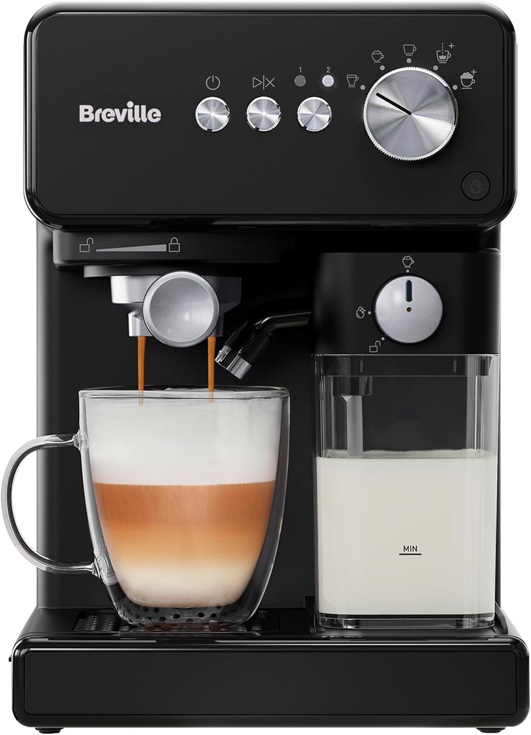 Breville Prima Latte One-Touch Espresso Maker | Auto Milk Frother | Coffee Machine for CappuccinosLattes & More | 15 Bar Italian Pump | Black | VCF183