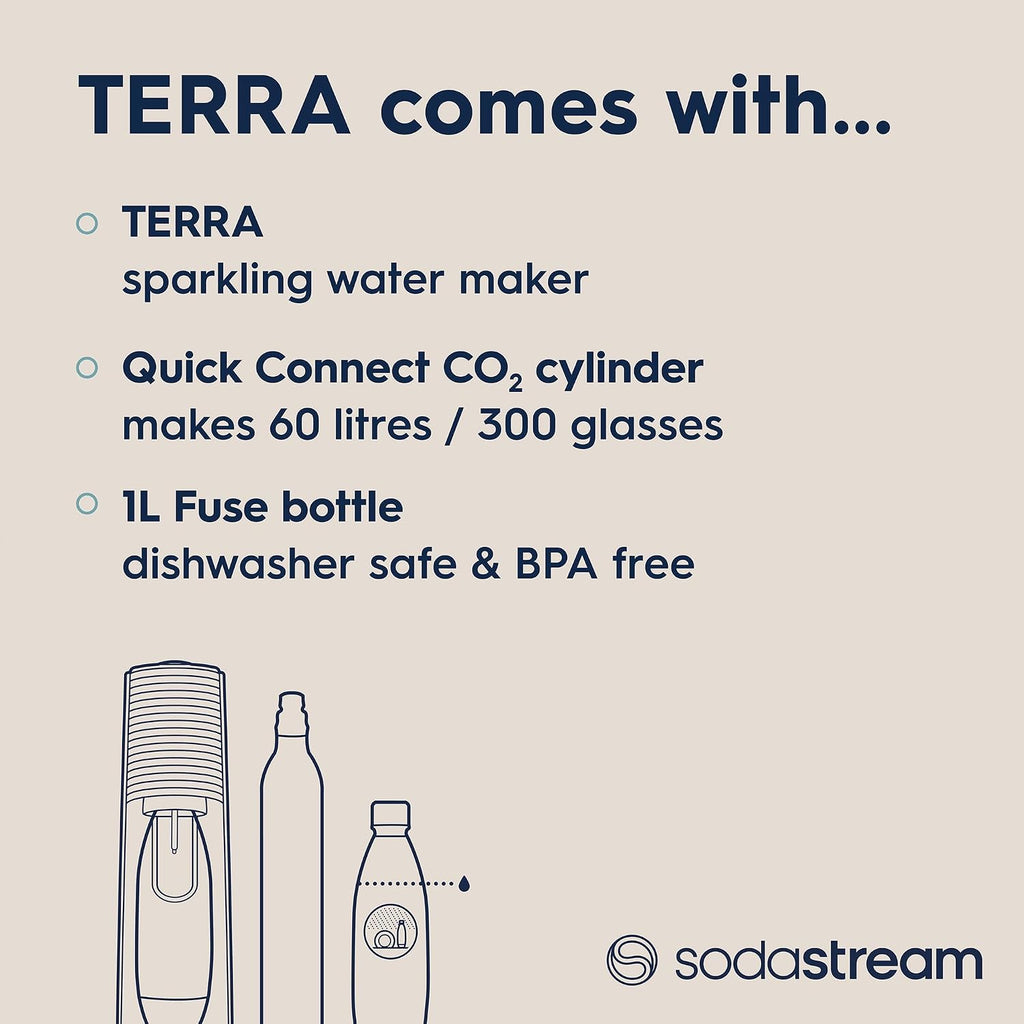 SodaStream - Terra Sparkling Water Maker starter bundle, Quick Connect CO2 System, Includes 60L Gas Cylinder, 1 x 440ml Pepsi Max, BPA-Free 1L Bottle, Eco-Friendly & Reduces Plastic Waste, Black