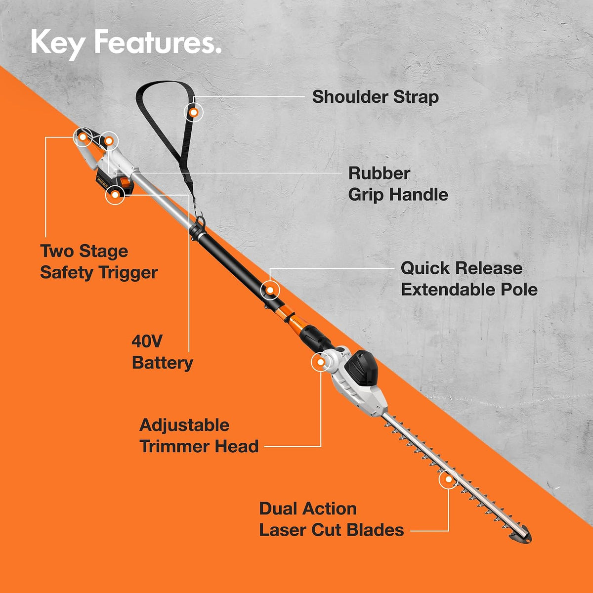 VonHaus Pole Hedge Trimmer Cordless 40V – w/Battery & Charger, 45cm Blade
