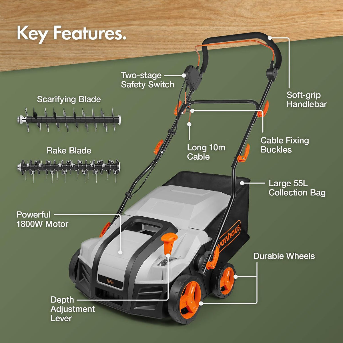 VonHaus Lawn Scarifier/Aerator/Rake Corded 1800W – 55L Box, 10m Cable
