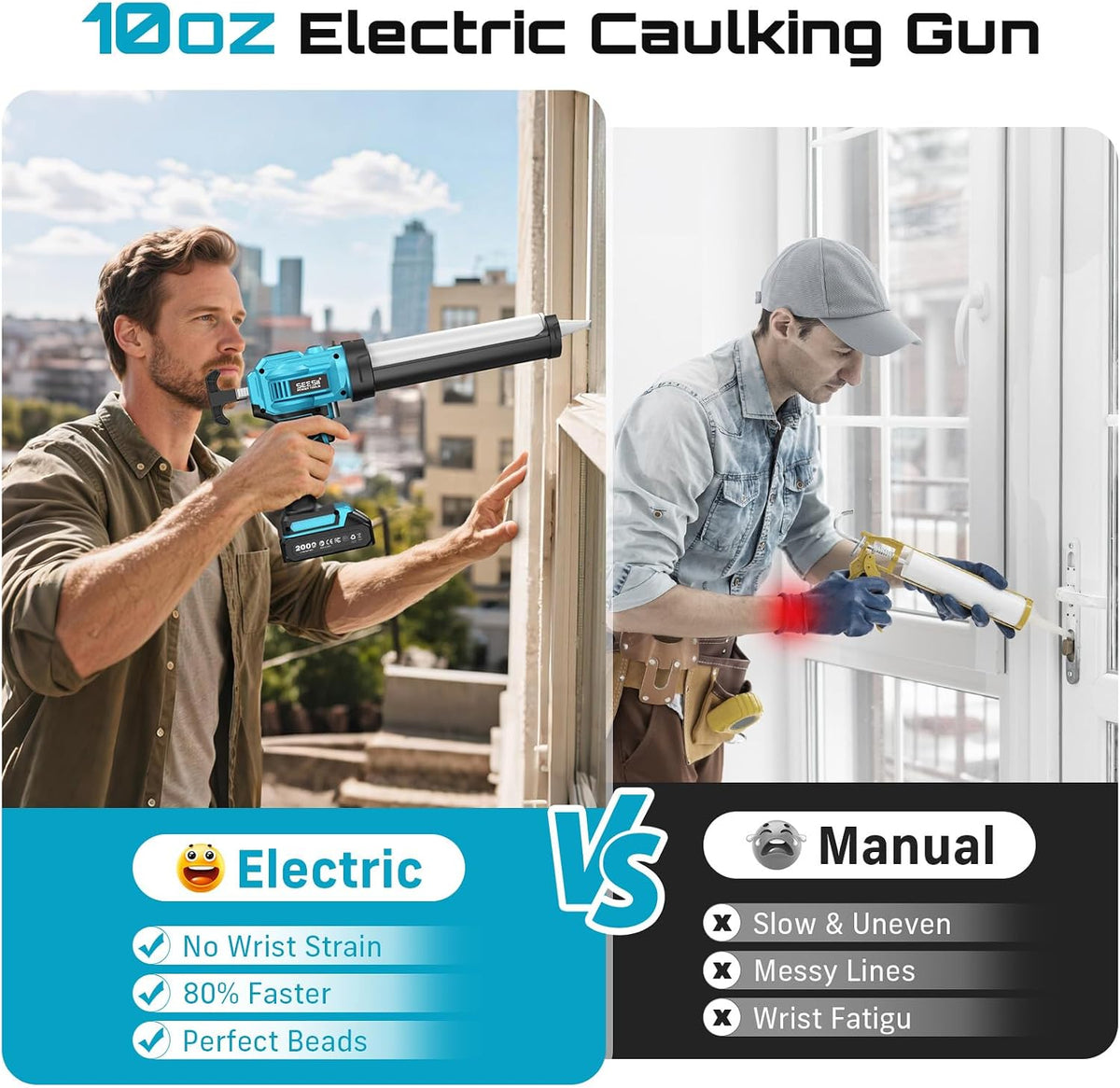 SEESII Silicone Sealant Gun with 2x2000mAh-Batteries for 10-10.5 Oz