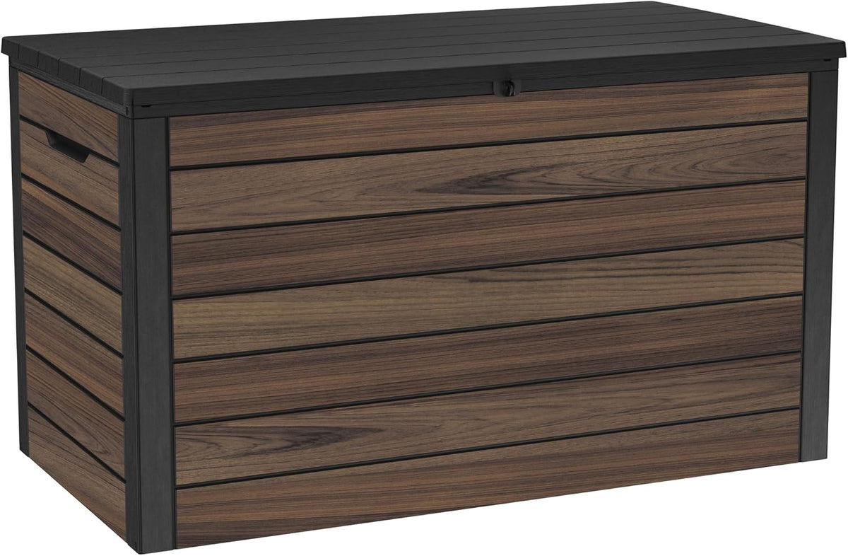 Keter Signature Ontario 575L Outdoor Storage Box – Rosewood | Weather‑Resistant Wood‑Look Storage Box with Lockable Lid, Extra Seating for 2, UV‑Protected Garden Storage