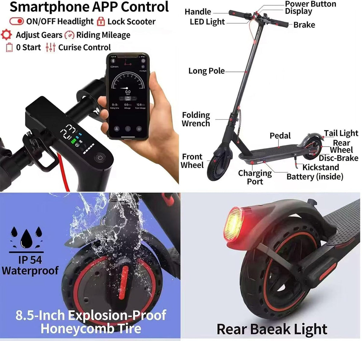 Adults Electric Scooter, Lightweight E Scooter, 8.5” Solid Tyres, 25KM/H Speed, 250W Brushless Motor, 25 KM Range, Double Brakes, Foldable, App Control, Cruise Control, 3 Speed Modes, Double Lights