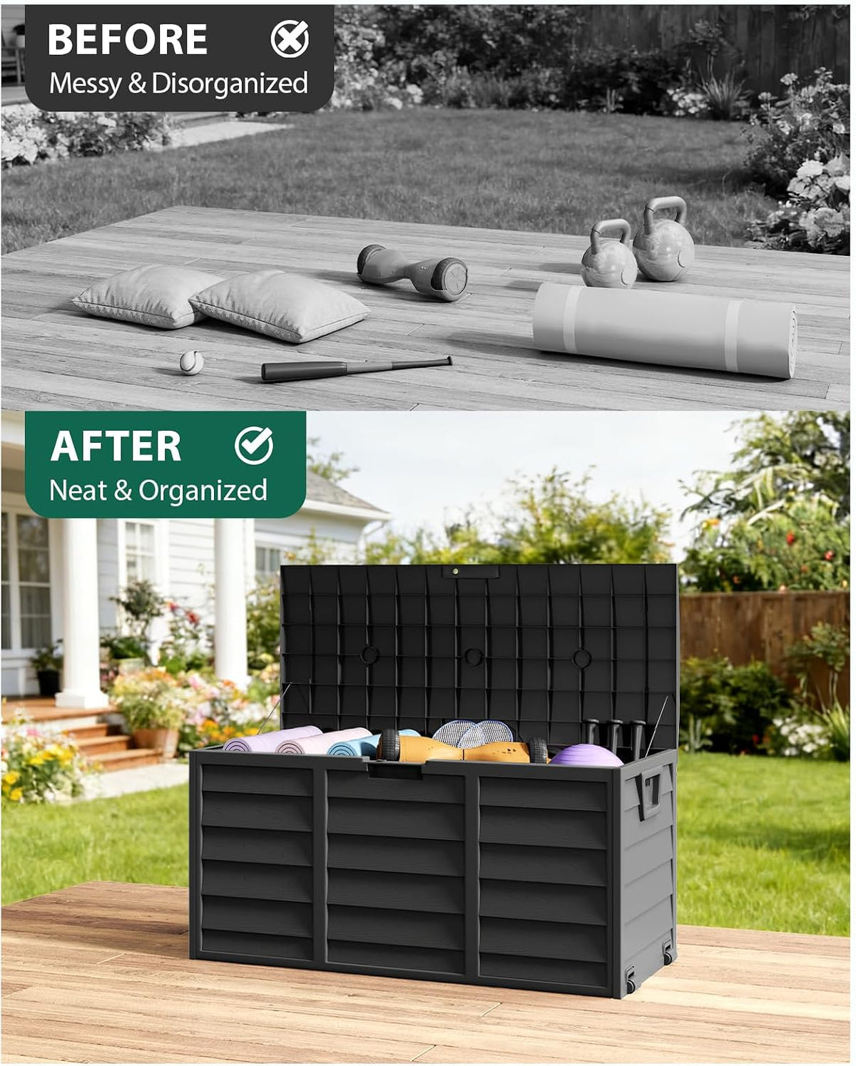 The Fellie Garden Storage Box with Wheels, 290L Lockable Garden Storage Boxes Waterproof, Plastic Outside Storage Box for Gardening Tools, Cushions, Toys, 112x49x54cm, Black