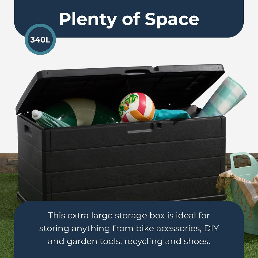 Large Garden Storage Box with Lid - 340L Lockable Plastic Outdoor Storage for Parcels, Cushions, Tools, Logs and More - Grey, Water-Resistant Deck Box for Garden or Garage