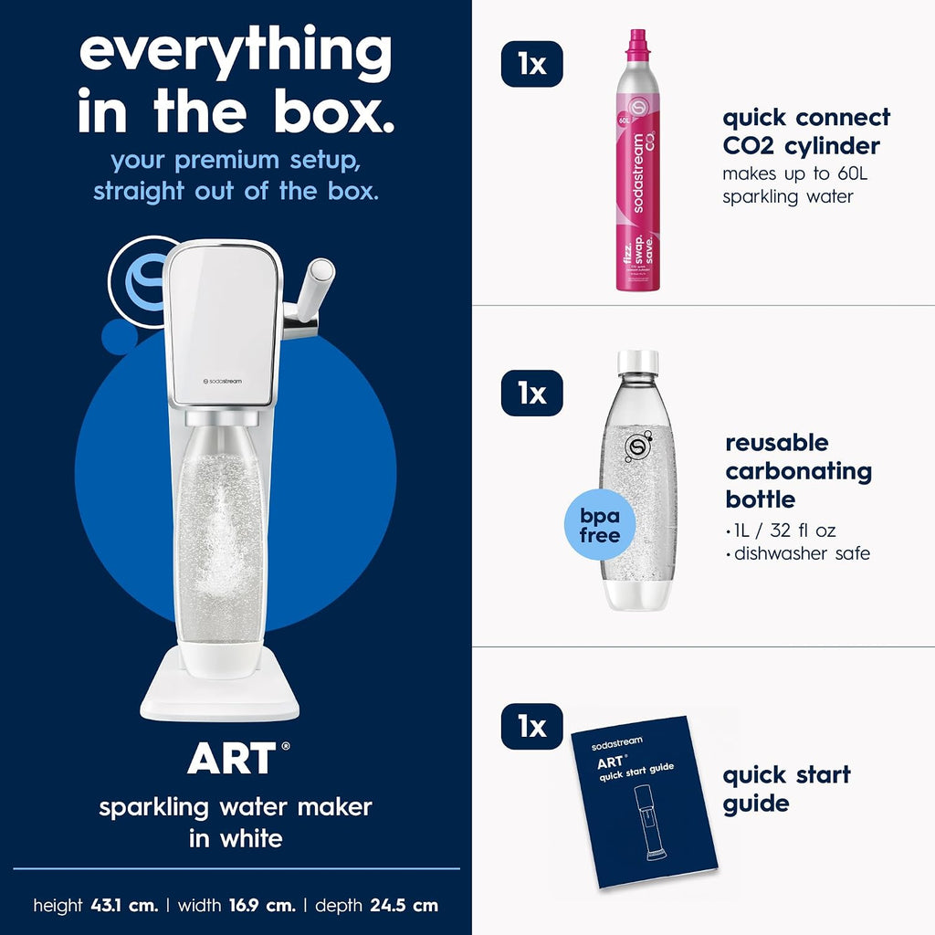 SodaStream ART Sparkling Water Maker, Soda Maker Starter Kit, Includes 1 Quick Connect 60L CO2 Gas Cylinder and 1 Dishwasher Safe BPA Free Bottle, Make your own Pepsi, White