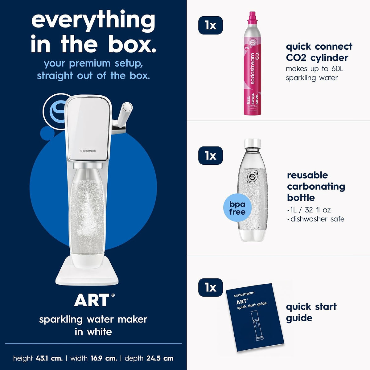 SodaStream ART Sparkling Water Maker, Soda Maker Starter Kit, Includes 1 Quick Connect 60L CO2 Gas Cylinder and 1 Dishwasher Safe BPA Free Bottle, Make your own Pepsi, White
