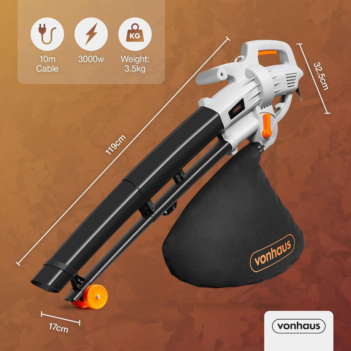 VonHaus Leaf Blower and Vacuum Corded 3000W – 35L Bag, 10m Cable, Wheels