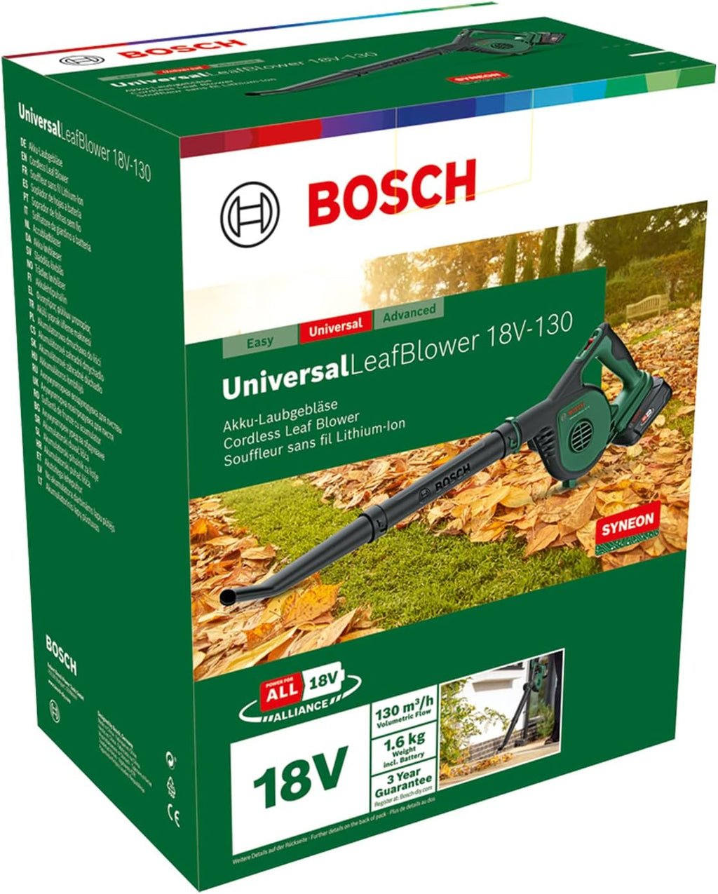 Bosch Cordless Leaf Blower UniversalLeafBlower 18V-130 (for Fast and Easy Outdoor Clearing; 18 Volt System; 1x 2.5Ah Battery and Charger)