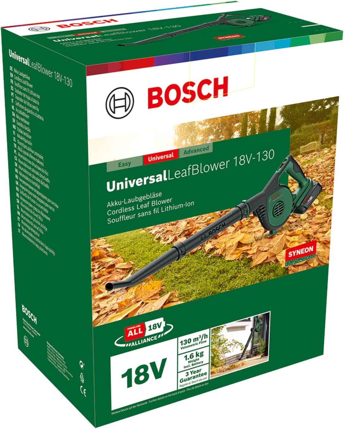 Bosch Cordless Leaf Blower UniversalLeafBlower 18V-130 (for Fast and Easy Outdoor Clearing; 18 Volt System; 1x 2.5Ah Battery and Charger)