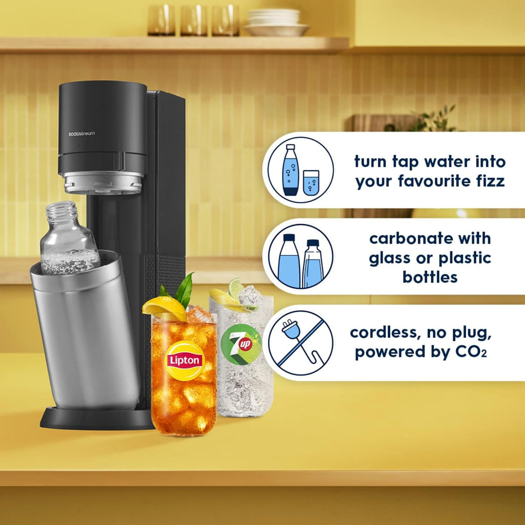 SodaStream Duo Sparkling Water Maker, Sparkling Water Machine & 2x 1L Fizzy Water Bottles, Retro Drinks Maker w. BPA-Free Water Bottle, Glass Carafe & Gas Bottle for Home Carbonated Water - Black