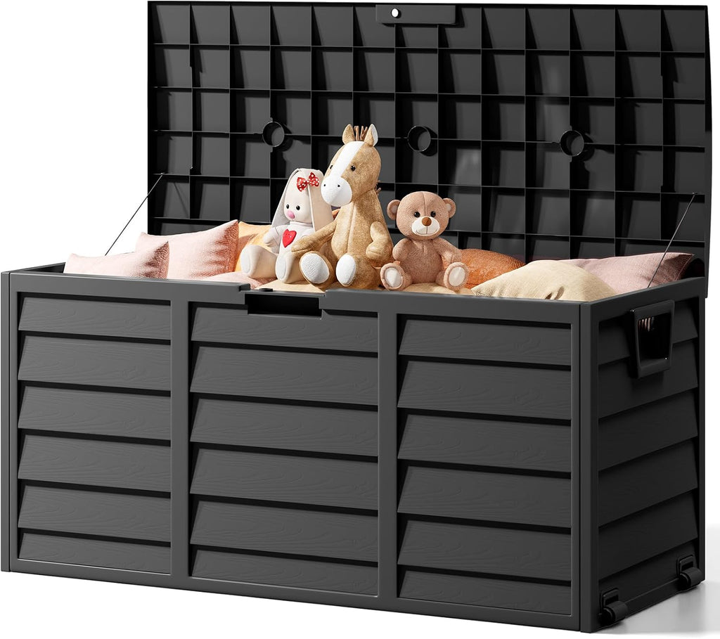 The Fellie Garden Storage Box with Wheels, 290L Lockable Garden Storage Boxes Waterproof, Plastic Outside Storage Box for Gardening Tools, Cushions, Toys, 112x49x54cm, Black