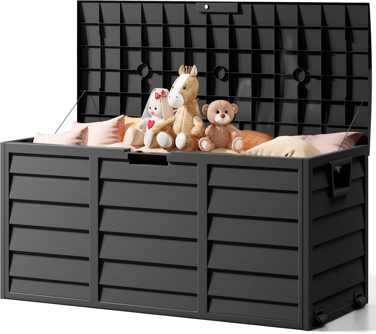 The Fellie Garden Storage Box with Wheels, 290L Lockable Garden Storage Boxes Waterproof, Plastic Outside Storage Box for Gardening Tools, Cushions, Toys, 112x49x54cm, Black