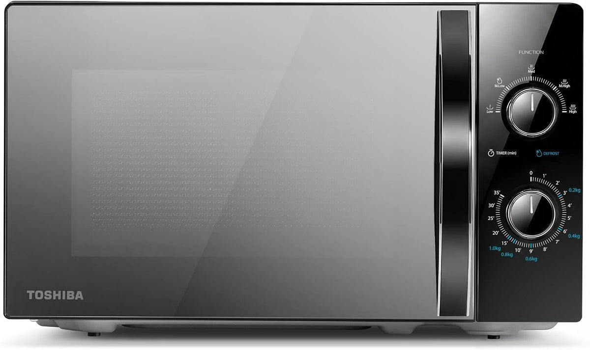 TOSHIBA Black Mirror Front Microwave 20 Liter 700W Manual Control, Compact with 5 Power Levels, Automatic Defrost, Perfect for 9'' Pizza, Clock and Timer, Easy Clean, MW2-MM20PF(MB)