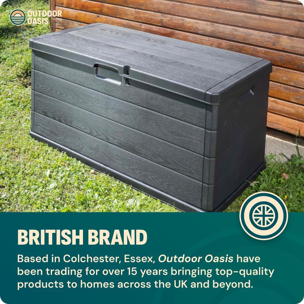 Large Garden Storage Box 340L – Plastic Outdoor Cushion Storage Chest with Lockable Lid – Water Resistant Deck Box for Parcels, Tools & Toys, Grey