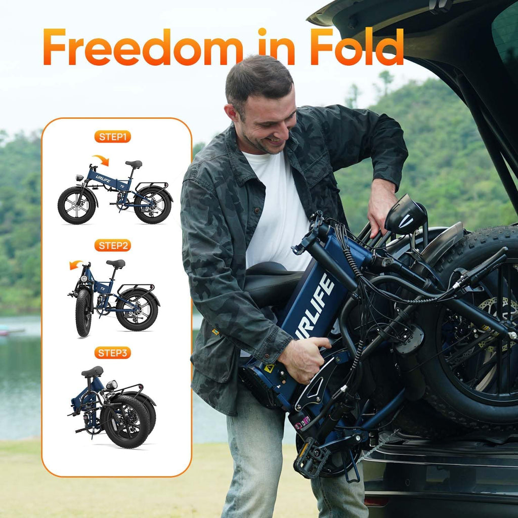 URLIFE Folding Electric Bike, 20 * 4.0 Inch Fat Tire E-Bike for Adult 48V 13AH Removable Battery, 80-100KM Long Range, Full Suspension for All Terrains, Electric Mountain Bike with LED