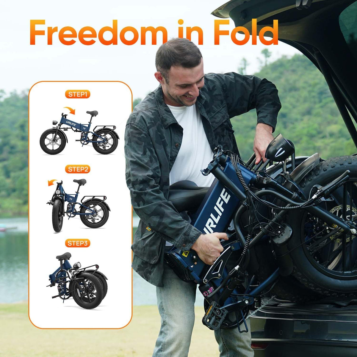 URLIFE Folding Electric Bike, 20 * 4.0 Inch Fat Tire E-Bike for Adult 48V 13AH Removable Battery, 80-100KM Long Range, Full Suspension for All Terrains, Electric Mountain Bike with LED