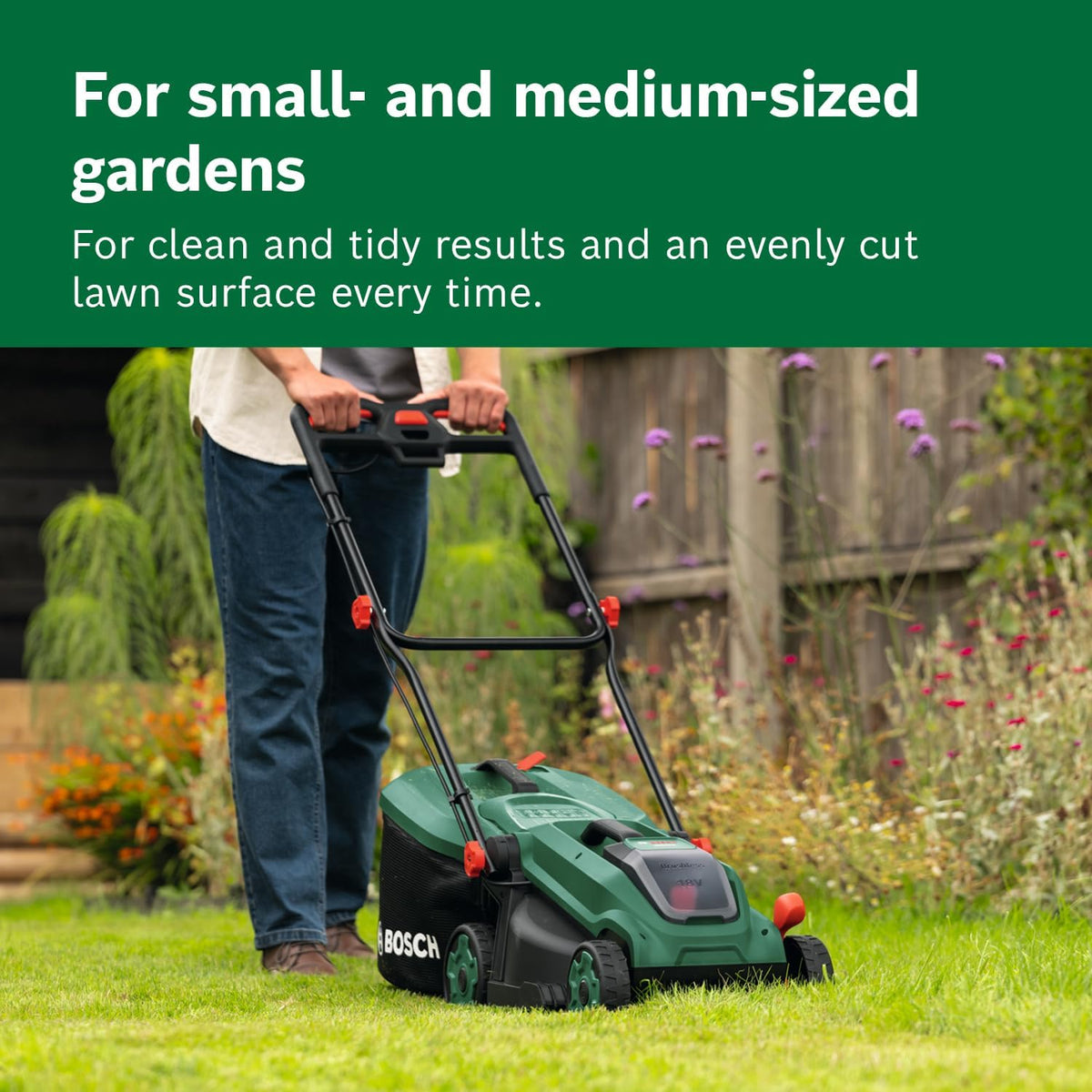 Bosch Cordless Lawn Mower ROTAK18V-34 (Cutting Width: 34 cm, Height of Cut: 25-65 mm, 35 l Fabric Grass Bag, Mulch plug, without Battery)