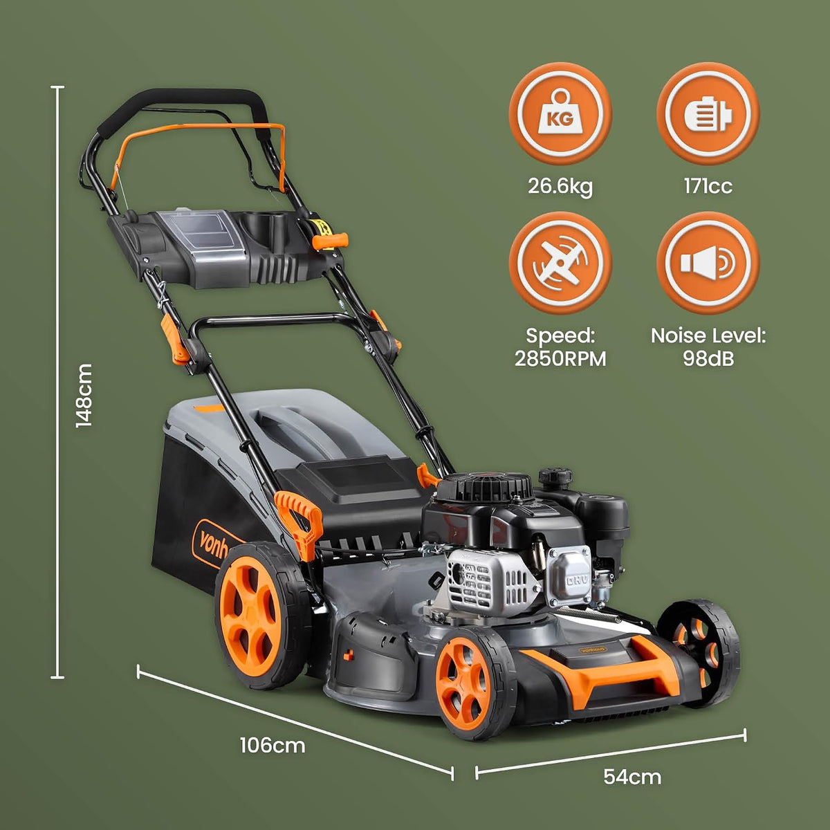 VonHaus Petrol Lawnmower 171cc – 60L Box, Self Propelled
