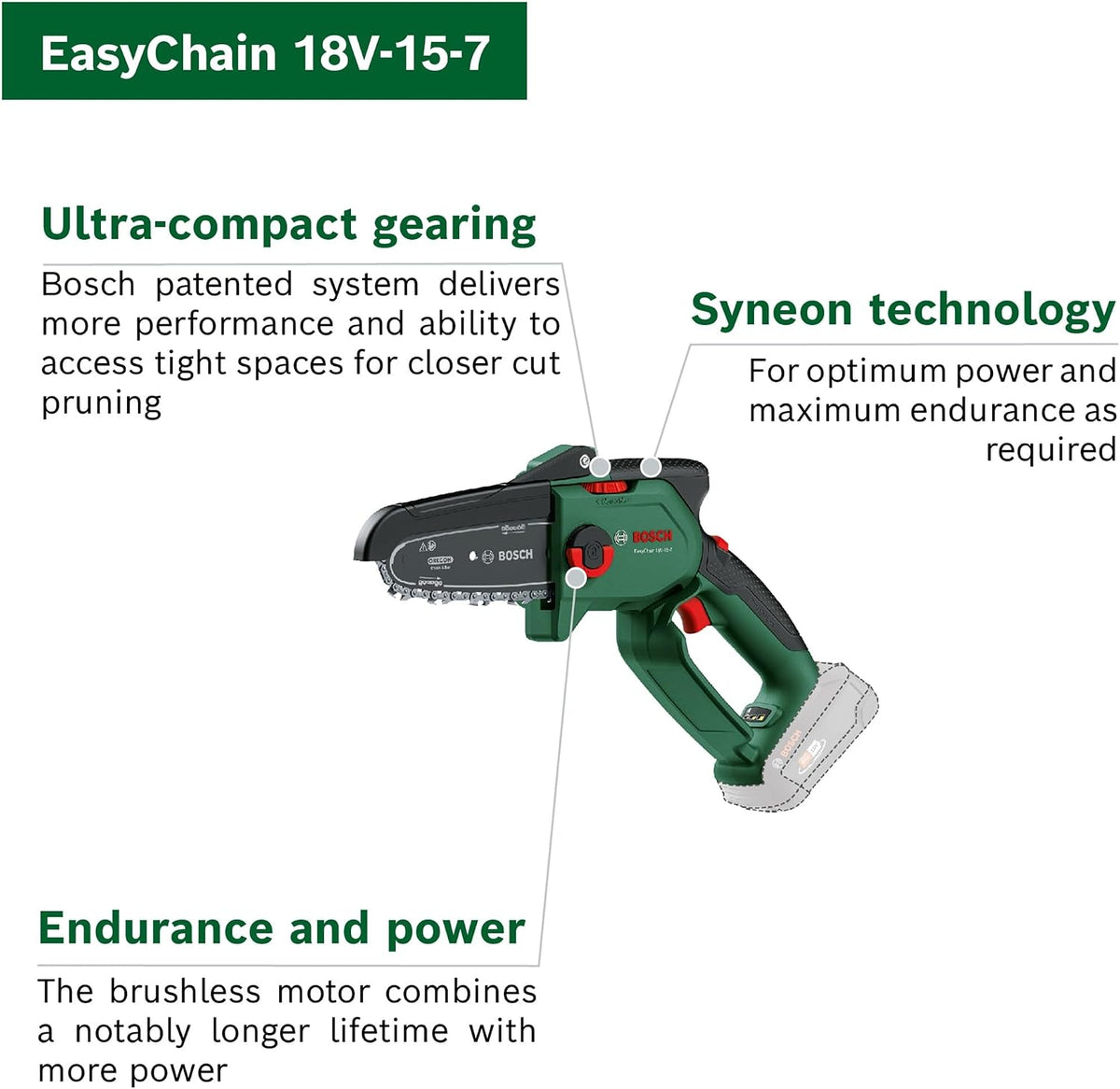 Bosch Mini Chain Saw EasyChain 18V-15-7 (for Cutting Through Wood; 18 Volt System; Chain Speed: 6.95m/s; Without Battery)