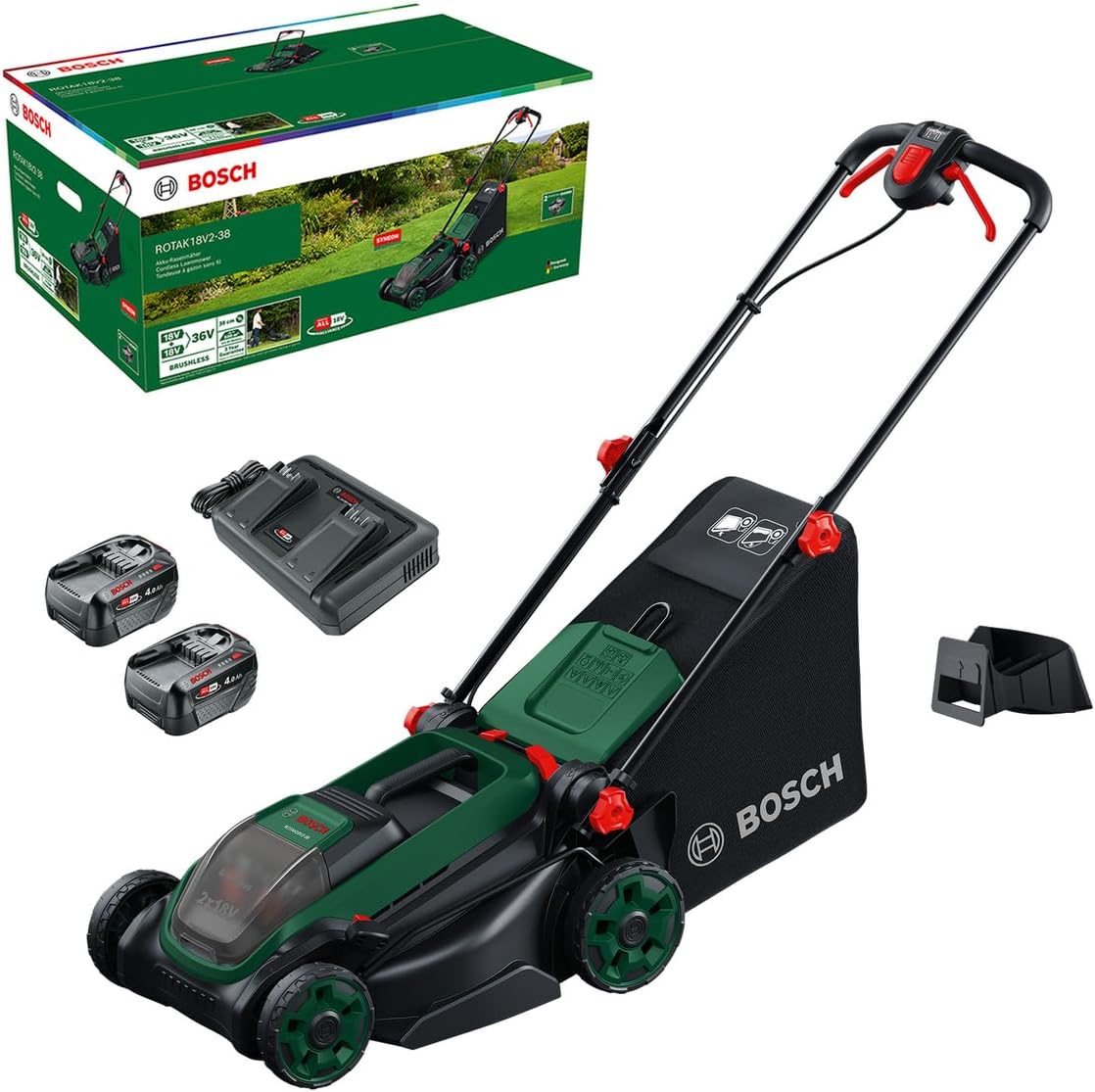 Bosch Cordless Lawn Mower ROTAK18V2-38 (Cutting Width: 38 cm, Height of Cut: 30-75 mm, 40 l Fabric Grass Bag, Mulch Plug, incl 2 x 18V Battery and Charger)