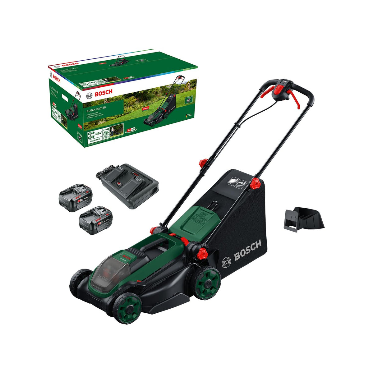 Bosch Cordless Lawn Mower ROTAK18V2-38 (Cutting Width: 38 cm, Height of Cut: 30-75 mm, 40 l Fabric Grass Bag, Mulch Plug, Without Battery)