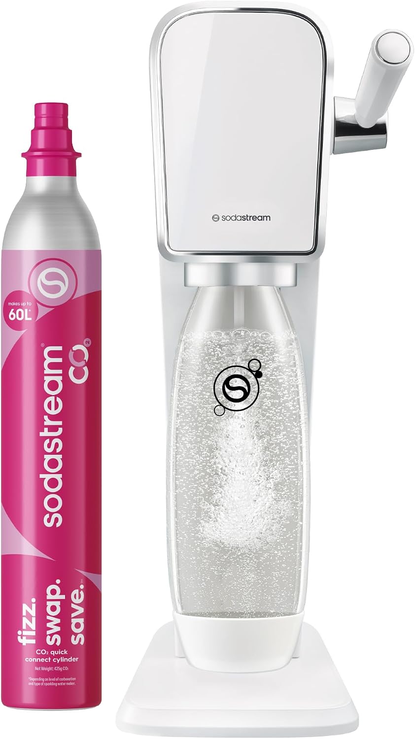 SodaStream ART Sparkling Water Maker, Soda Maker Starter Kit, Includes 1 Quick Connect 60L CO2 Gas Cylinder and 1 Dishwasher Safe BPA Free Bottle, Make your own Pepsi, White