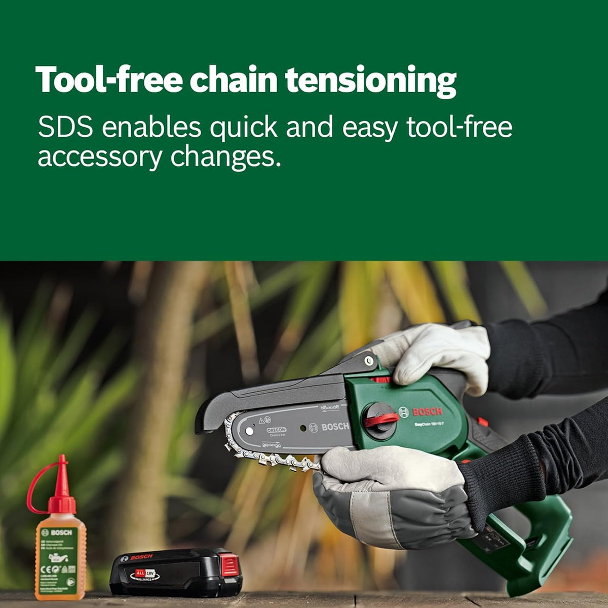 Bosch Mini Chain Saw EasyChain 18V-15-7 (for Cutting Through Wood; 18 Volt System; Chain Speed: 6.95m/s; Without Battery)