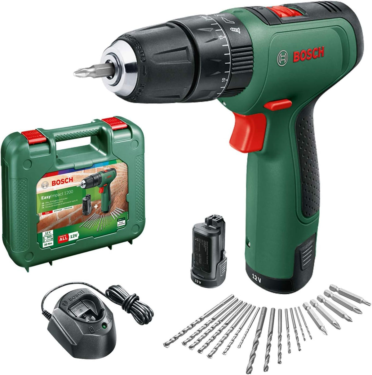 Bosch Cordless Hammer Drill EasyImpact 1200 (2X Batteries, 12 Volt System, 19 Accessories, in Carrying case)