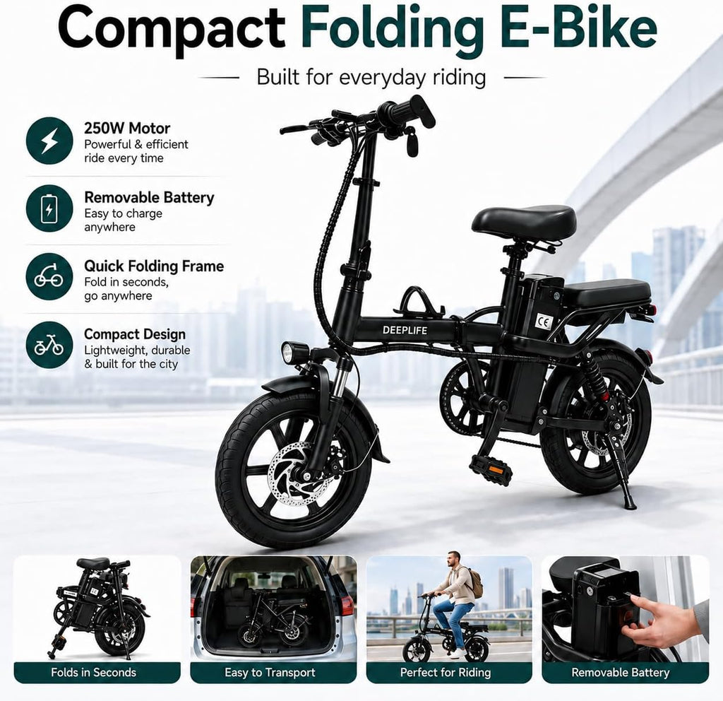 ABHI Folding 14" Electric Bike, Portable 250W Motor Compact E-bike