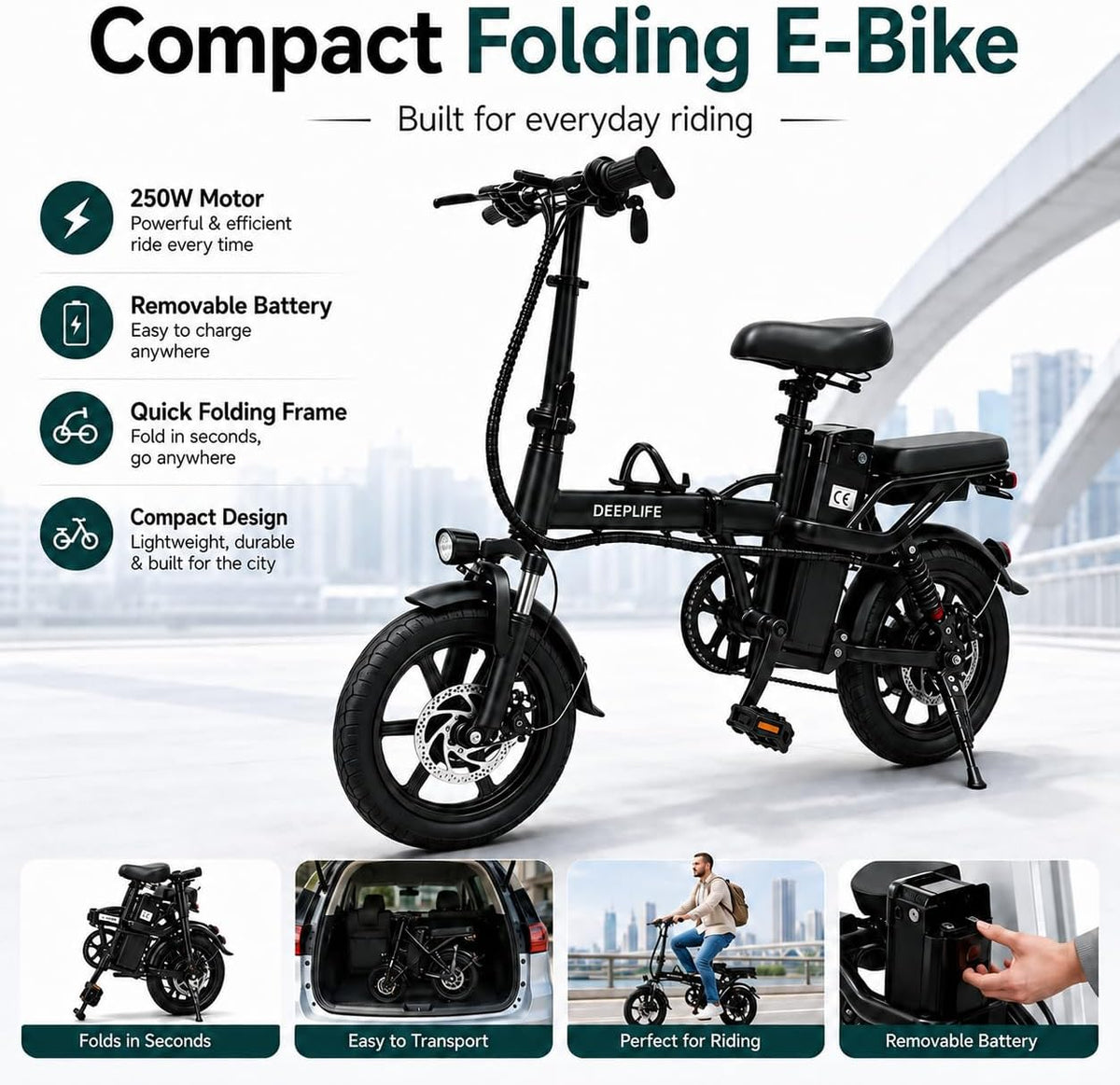 ABHI Folding 14" Electric Bike, Portable 250W Motor Compact E-bike