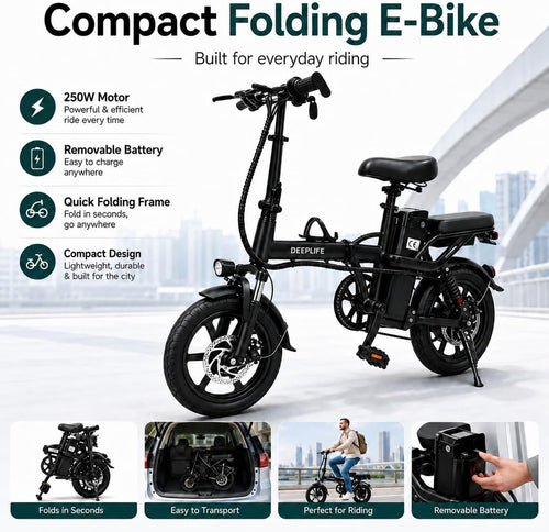 ABHI Folding 14" Electric Bike, Portable 250W Motor Compact E-bike