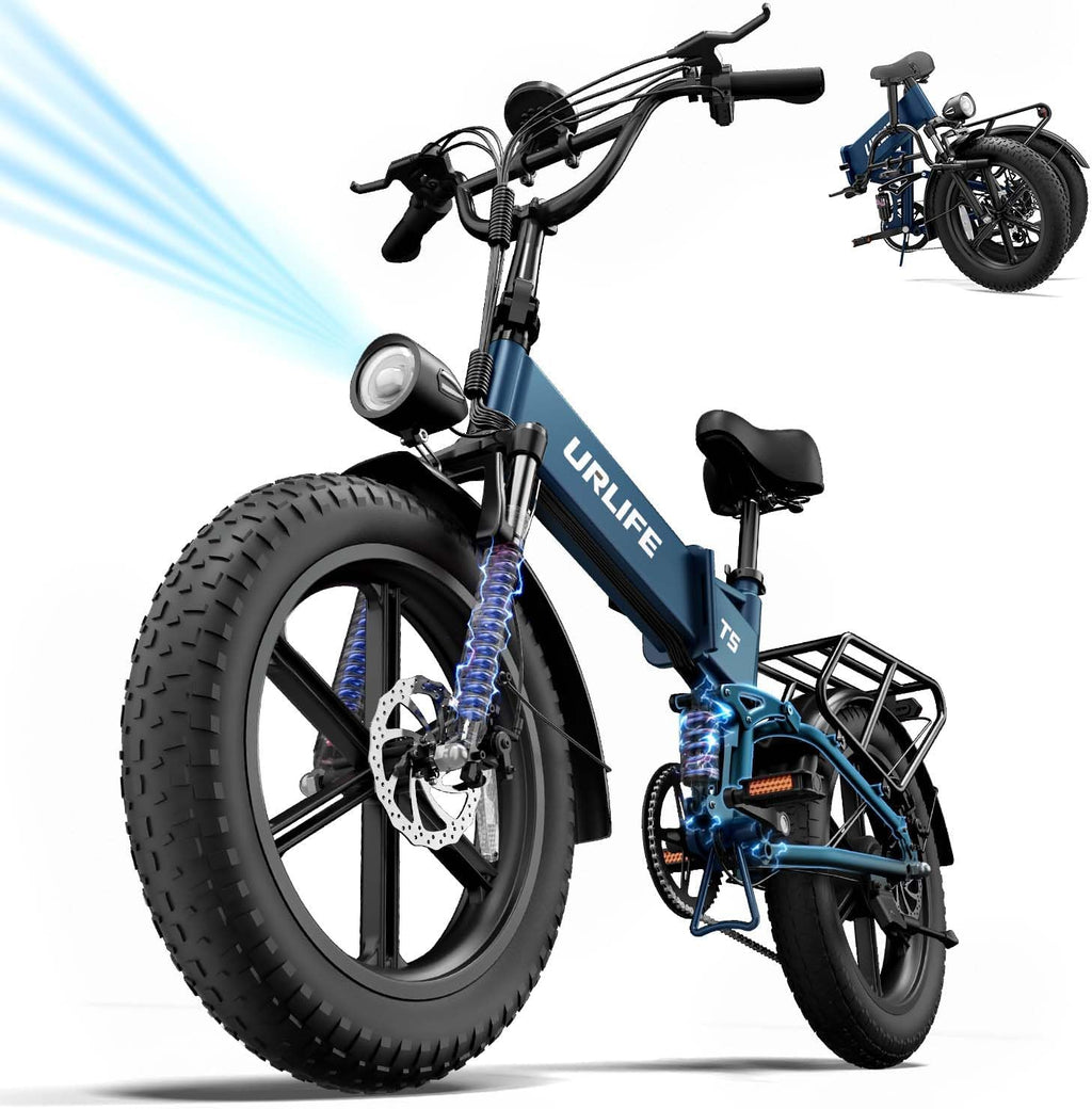 URLIFE Folding Electric Bike, 20 * 4.0 Inch Fat Tire E-Bike for Adult 48V 13AH Removable Battery, 80-100KM Long Range, Full Suspension for All Terrains, Electric Mountain Bike with LED
