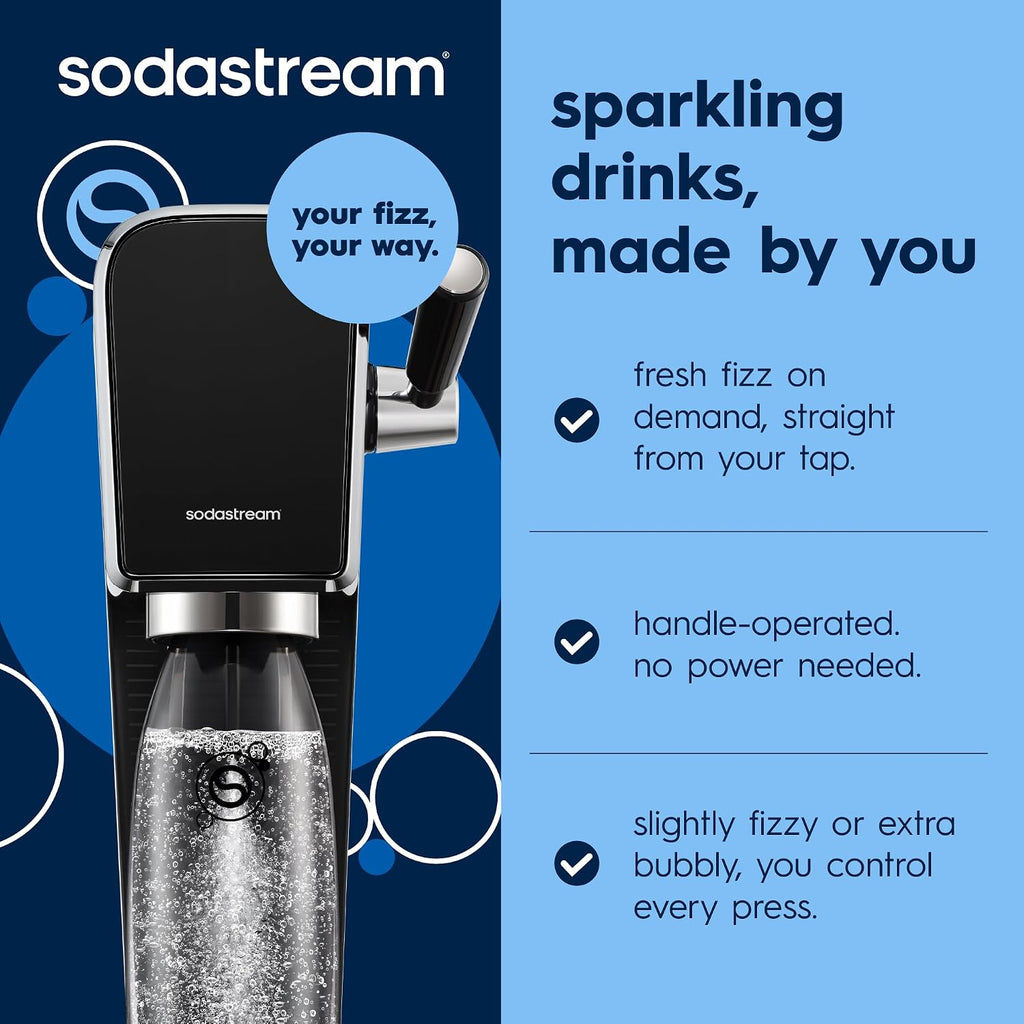 SodaStream ART Sparkling Water Maker, Soda Maker Starter Kit, Includes 1 Quick Connect 60L CO2 Gas Cylinder and 1 Dishwasher Safe BPA Free Bottle, Make your own Pepsi, Black