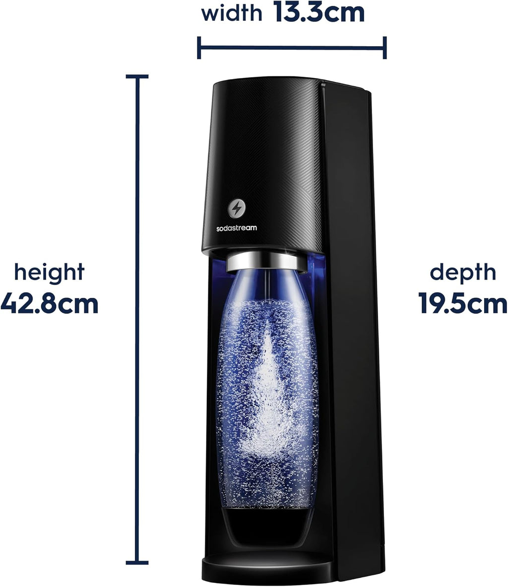 Sodastream - Electric Terra Sparkling Water Maker, 3 Carbonation Settings, Quick Connect CO2, Includes 60L Gas Cylinder, BPA-Free Bottle, Black
