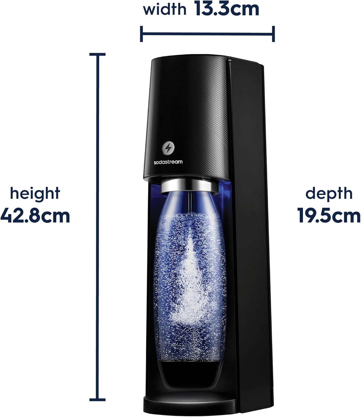 Sodastream - Electric Terra Sparkling Water Maker, 3 Carbonation Settings, Quick Connect CO2, Includes 60L Gas Cylinder, BPA-Free Bottle, Black