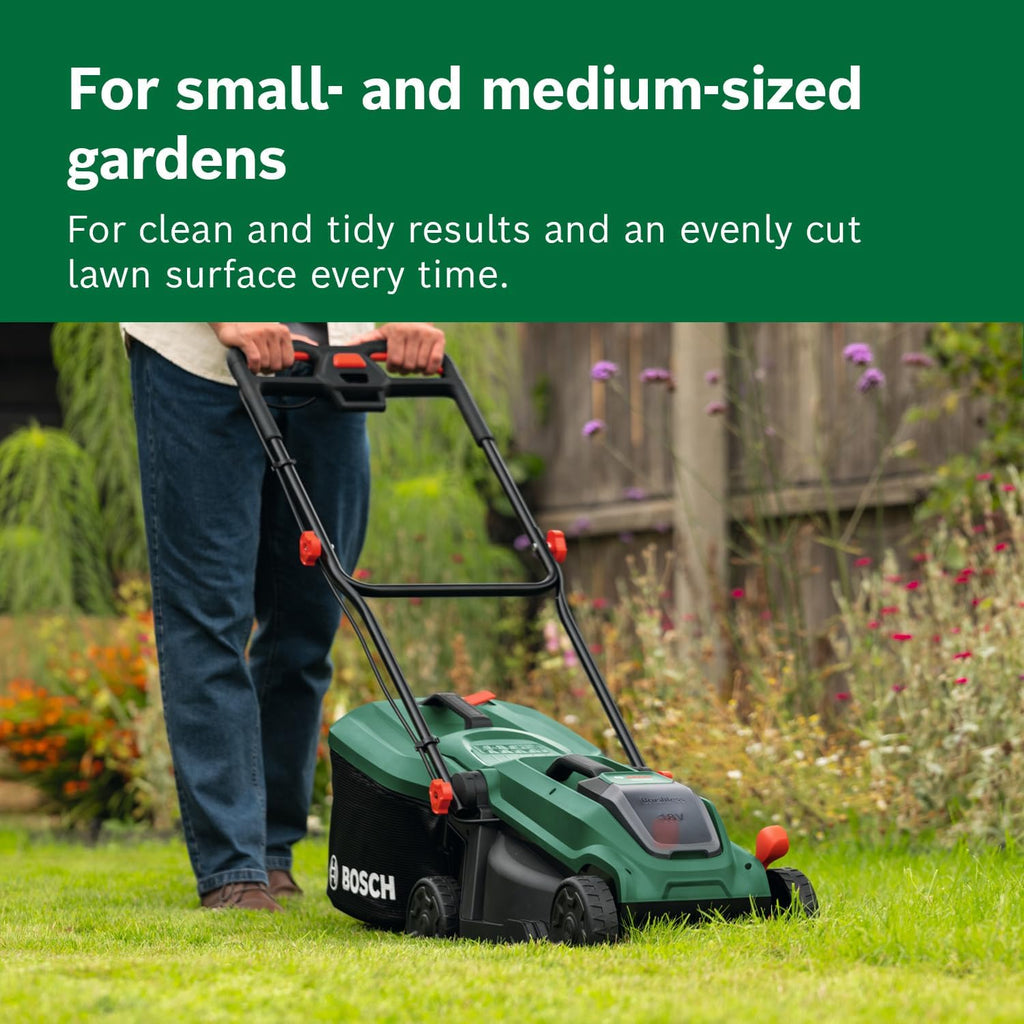 Bosch Cordless Lawn Mower ROTAK18V-32 (Cutting Width: 32 cm, Height of Cut: 25-65 mm, 35 l Fabric Grass Bag, Mulch plug, incl Battery and Charger)