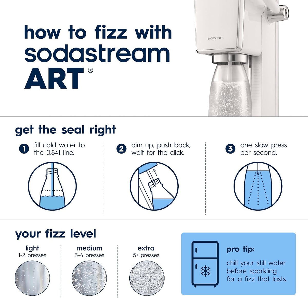 SodaStream ART Sparkling Water Maker, Soda Maker Starter Kit, Includes 1 Quick Connect 60L CO2 Gas Cylinder and 1 Dishwasher Safe BPA Free Bottle, Make your own Pepsi, White