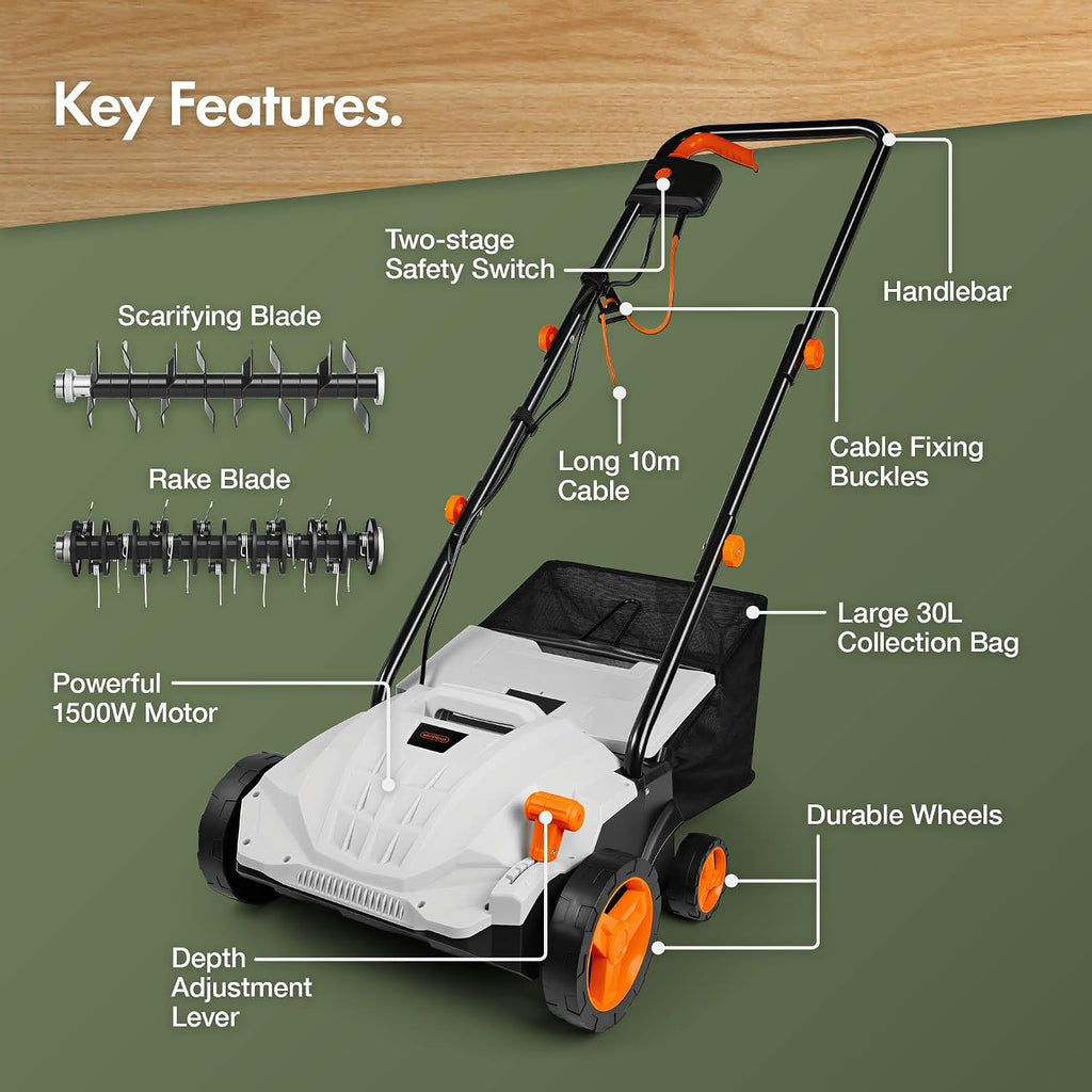VonHaus Lawn Scarifier/Aerator/Rake Corded 1500W – 30L Box, 10m Cable