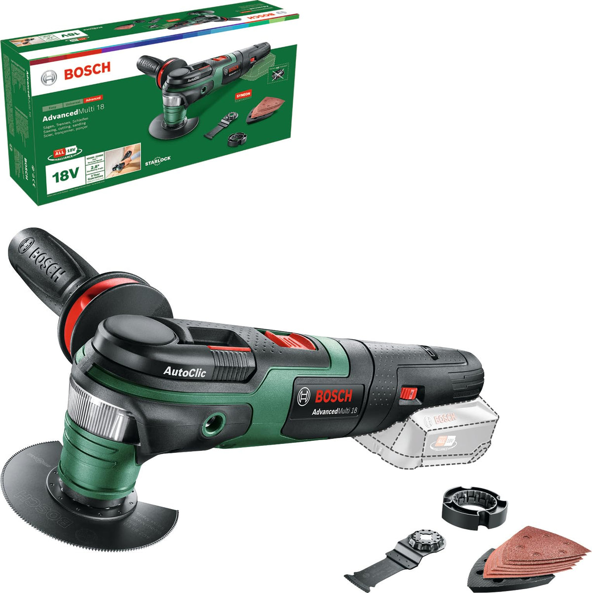 Bosch Home and Garden Multi Tool AdvancedMulti 18 (Without Battery, 18 Volt System, Universal Accessory Set, in SystemBox|Size S) - Amazon Edition