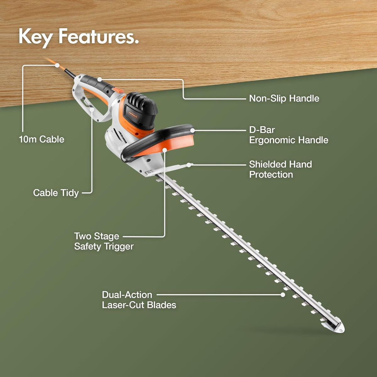 VonHaus Hedge Trimmer Corded 710W – 10m Cable, Blade Cover, 61cm Blade